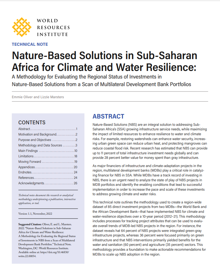 Nature-Based Solutions in Sub-Saharan Africa for Climate and Water Resilience: A Methodology for Evaluating the Regional Status of Investments in Nature-Based Solutions from a Scan of Multilateral Development Bank Portfolios