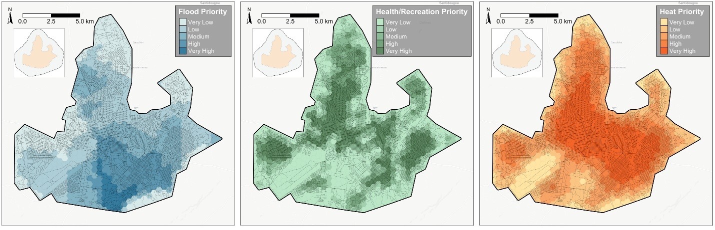 Figure 5: Mapping of Priority Areas. Example maps demonstrating the identification of priority areas for the reduction of pluvial flood risk, improved access to greenspace, and reduction of heat stress across the core city area of Bobo-Dioulasso, Burkina Faso. Source: Author derived.