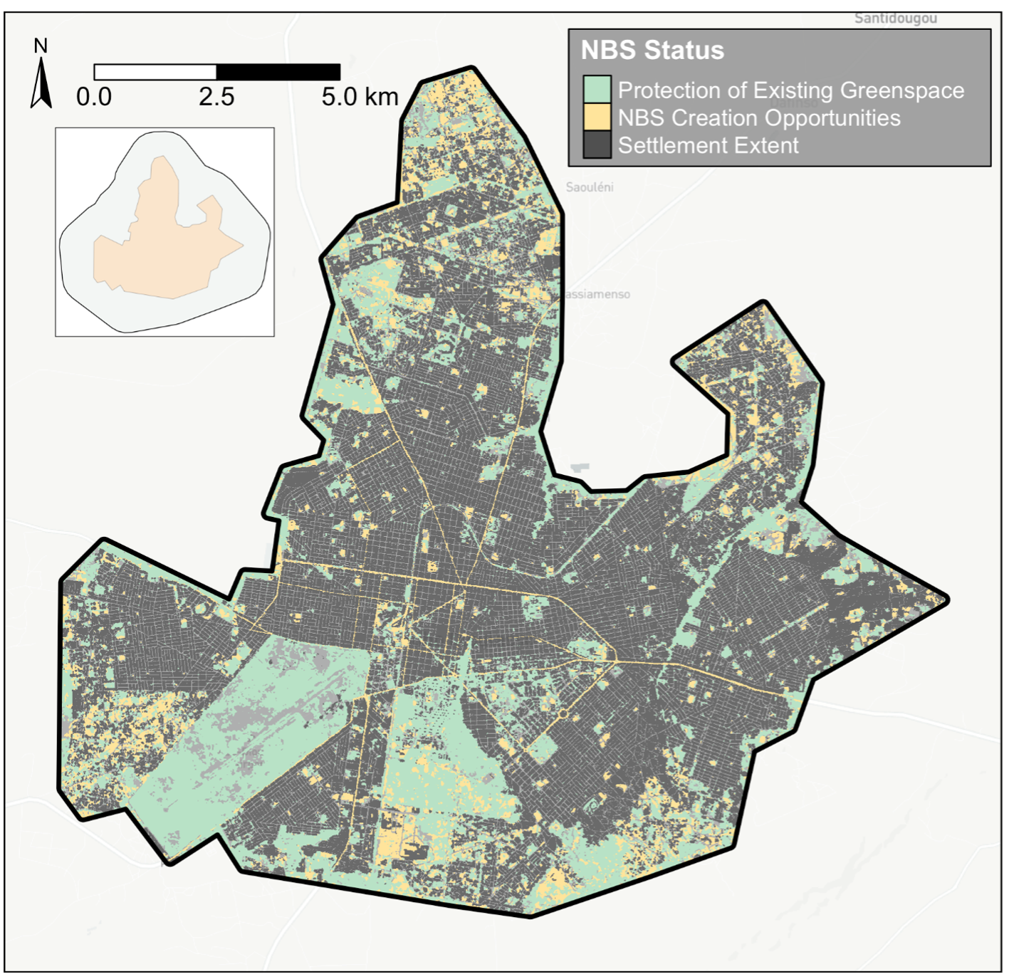 Figure 6: Mapping of NBS Suitability. Example spatial delineation of currently vegetated regions to protect and suitable areas for the creation of NBS within the core city area of Bobo-Dioulasso, Burkina Faso. Source: Author derived.