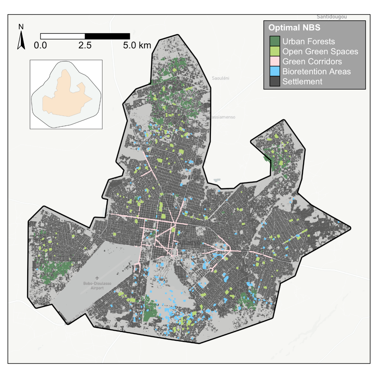Figure 8: Optimization using multicriteria analysis. Example scan outputs describing the spatial variability in optimal NBS solutions in Bobo-Dioulasso, Burkina Faso. Optimal solutions were determined by combining weighted normalized benefits from pluvial flood exposure reduction (40%), heat stress reduction (30%), job creation (15%), and improved health/recreation (15%) through greenspace access. The optimal solution describes the NBS type providing the highest level of combined benefits for each pixel, where the top 20% most effective NBS in terms of combined benefits provision are depicted in the map. Source: Author derived.